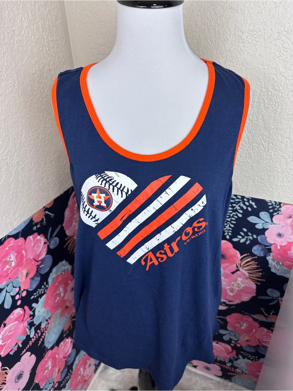 4Her Navy Blue & Orange Houston Astros Heart Baseball Graphic Tank Top Size L - Picture 2 of 5